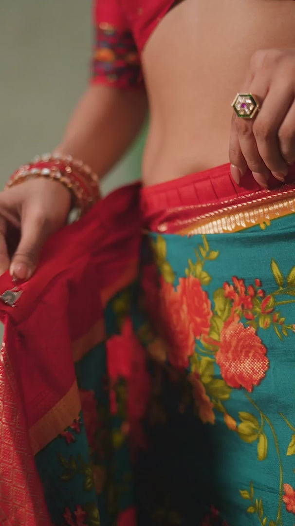 Pine Green Cotton Silk Floral Print Ready to Wear Saree
