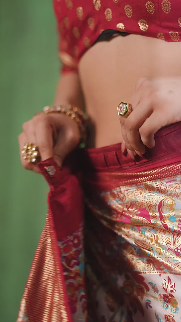Off White Tussar Silk Ethnic Motif Ready to Wear Saree