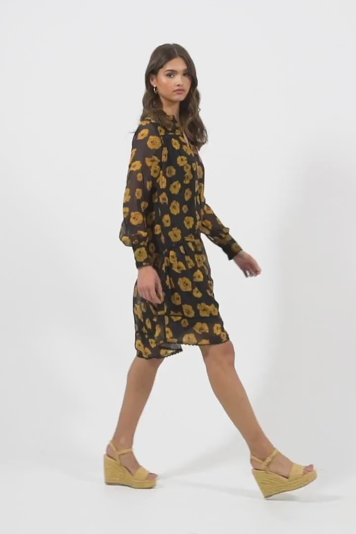 Robe fluide en mousseline à col en V noire et jaune