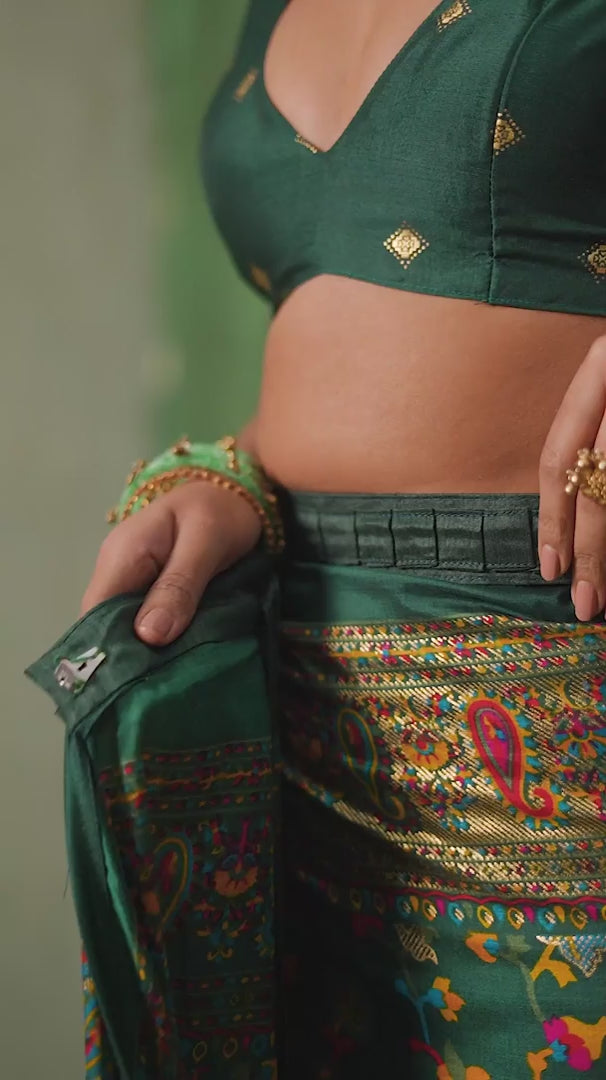 Pine Green Velvet Tussar Silk Floral Print Ready to Wear Saree