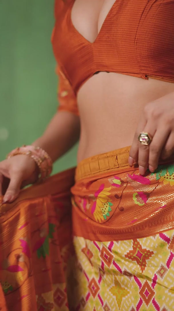 Orange Yellow Cotton Silk Ikkat Print Ready to Wear Saree