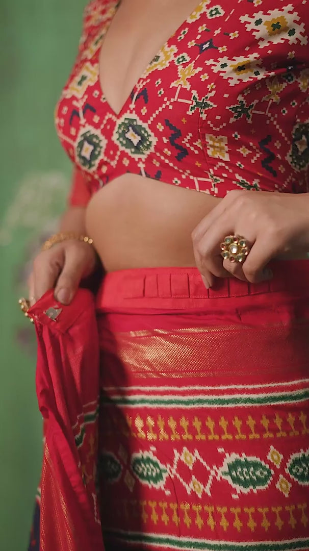 Red Velvet Tusser silk Patola Print Ready to Wear Saree