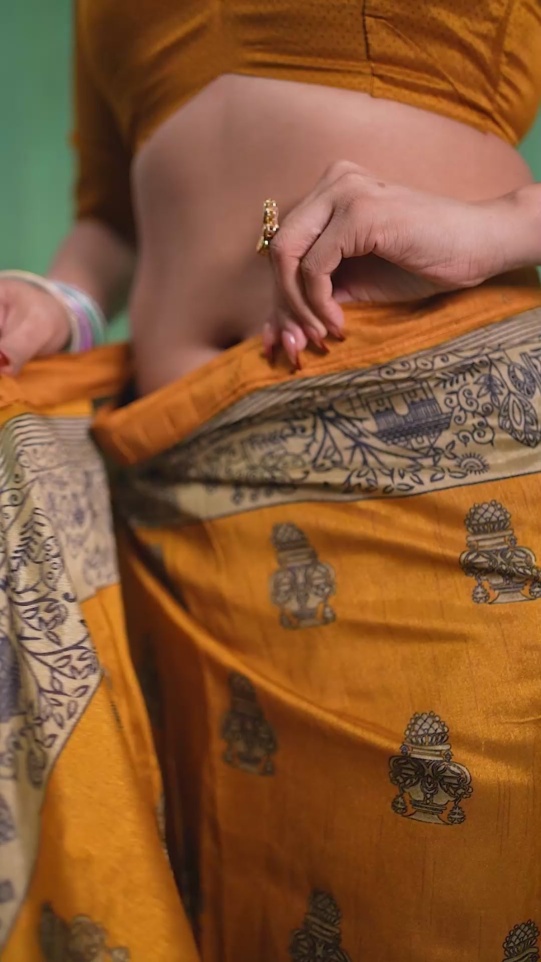 Mustard Mysore Art Silk Printed Ready to Wear Saree