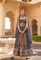 Lehenga Choli en soie bleu vif avec imprimé feuille