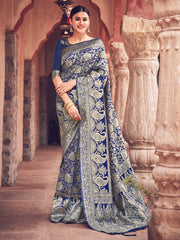 Sari tissé en soie d'art Banarasi bleu marine
