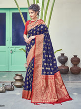 Sari tissé en soie d'art Banarasi bleu marine