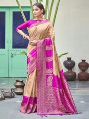 Sari tissé en soie d'art Banarasi beige