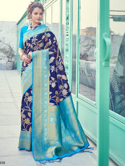 Sari tissé en soie d'art Banarasi bleu marine