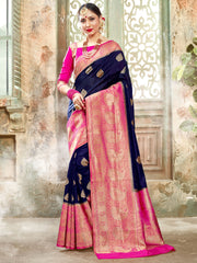 Sari tissé en soie d'art Banarasi bleu marine