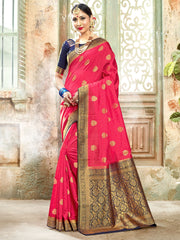 Saree tissé en soie d'art Banarasi pêche