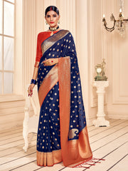 Sari tissé en soie d'art Banarasi bleu marine
