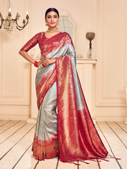 Sari tissé en soie d'art Banarasi gris