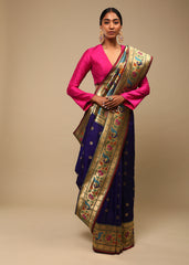 Sari tissé en soie d'art Banarasi bleu marine