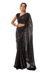 Sari brodé en georgette noire à paillettes