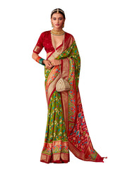 Sari en coton et soie vert olive à imprimé Ikkat