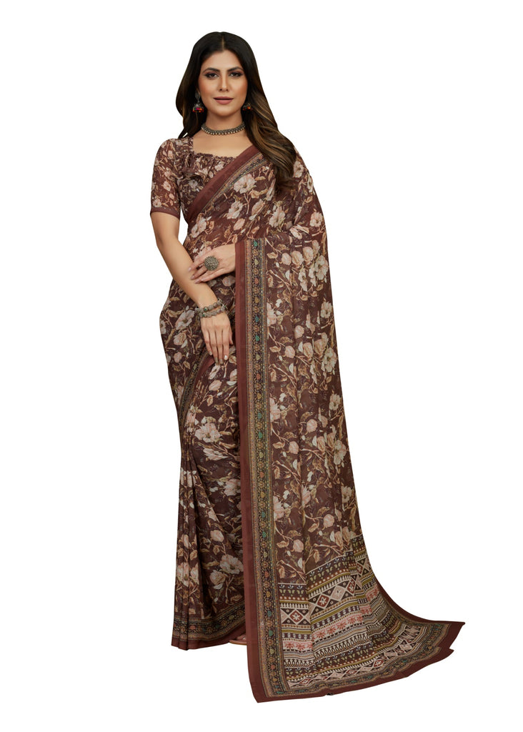 Traditional Ethnicwear Brown Georgette Floral Print Saree