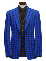 Veste de costume à deux boutons pour homme, bleu, imprimé à carreaux, revers crantés, coupe slim, blazer élégant
