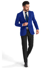 Veste de costume à deux boutons pour homme, bleu, imprimé à carreaux, revers crantés, coupe slim, blazer élégant