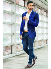 Veste de costume à deux boutons pour homme, bleu, imprimé à carreaux, revers crantés, coupe slim, blazer élégant