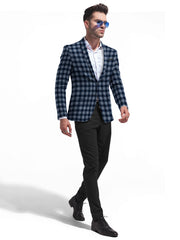 Navy Blue Men's Two Button Dress Party Checks Print Suit Jacket Notched Lapel Slim Fit Stylish Blazer