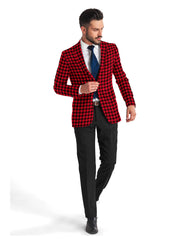 Veste de costume rouge à deux boutons pour homme, imprimé à carreaux, revers crantés, coupe slim, blazer élégant