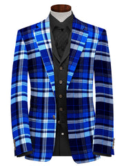 Veste de costume à deux boutons pour homme bleu royal, imprimé à carreaux, revers crantés, coupe slim, blazer élégant