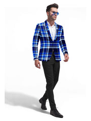 Veste de costume à deux boutons pour homme bleu royal, imprimé à carreaux, revers crantés, coupe slim, blazer élégant