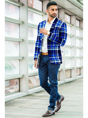 Veste de costume à deux boutons pour homme bleu royal, imprimé à carreaux, revers crantés, coupe slim, blazer élégant
