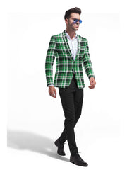 Veste de costume à deux boutons pour homme, verte, à carreaux, à revers crantés, coupe slim, élégante