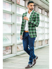 Veste de costume à deux boutons pour homme, verte, à carreaux, à revers crantés, coupe slim, élégante