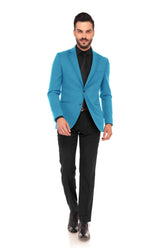 Veste de costume turquoise à deux boutons pour homme, couleur unie, revers cranté, coupe slim, blazer élégant