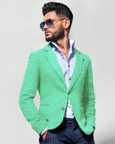 Veste de costume à deux boutons pour homme, verte, à rayures, à revers crantés, coupe slim, blazer élégant