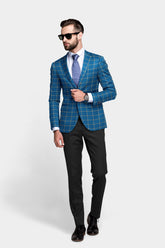 Veste de costume à deux boutons pour homme, bleu, imprimé à carreaux, revers crantés, coupe slim, blazer élégant