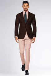 Veste de costume à deux boutons pour homme, marron foncé, imprimé à carreaux, revers crantés, coupe slim, blazer élégant