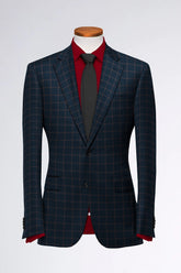 Navy Blue Men's Two Button Dress Party Checks Print Suit Jacket Notched Lapel Slim Fit Stylish Blazer