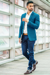 Veste de costume à deux boutons turquoise pour homme, imprimé à carreaux, revers crantés, coupe slim, blazer élégant