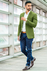 Veste de costume à deux boutons pour homme, verte, à carreaux, à revers crantés, coupe slim, élégante