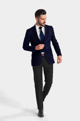 Dark Blue Men's Party Checkered Suit Jacket Slim Fit Blazer