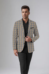 Brown Blue Men's Party Checkered Suit Jacket Slim Fit Blazer
