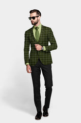 Veste de costume à carreaux pour homme, couleur olive foncé, coupe slim