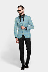 Veste de costume à carreaux bleu pastel foncé pour homme, blazer slim fit