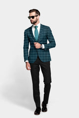 Veste de costume à carreaux bleu paon pour homme, blazer slim fit