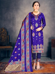 Costume Salwar tissé en soie d'art Banarasi bleu