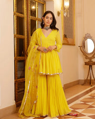Readymade Georgette Jaune Angrakha Kurti Sharara Avec Dupatta