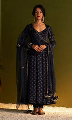 Pantalon Kurti Anarkali bleu foncé en satin prêt à porter avec dupatta
