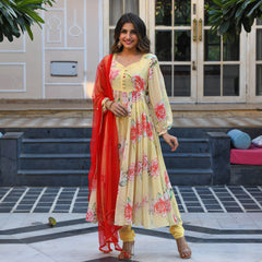 Pantalon Kurti Anarkali prêt à porter en georgette citron vert avec dupatta