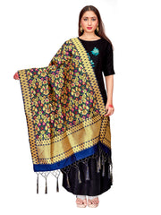 Dupatta tissé en soie d'art Banarasi bleu marine