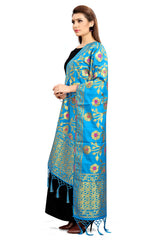 Dupatta en soie tissée artistique turquoise de Banarasi