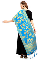 Dupatta en soie tissée artistique turquoise de Banarasi