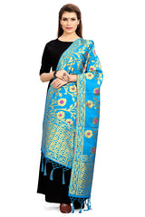 Dupatta en soie tissée artistique turquoise de Banarasi